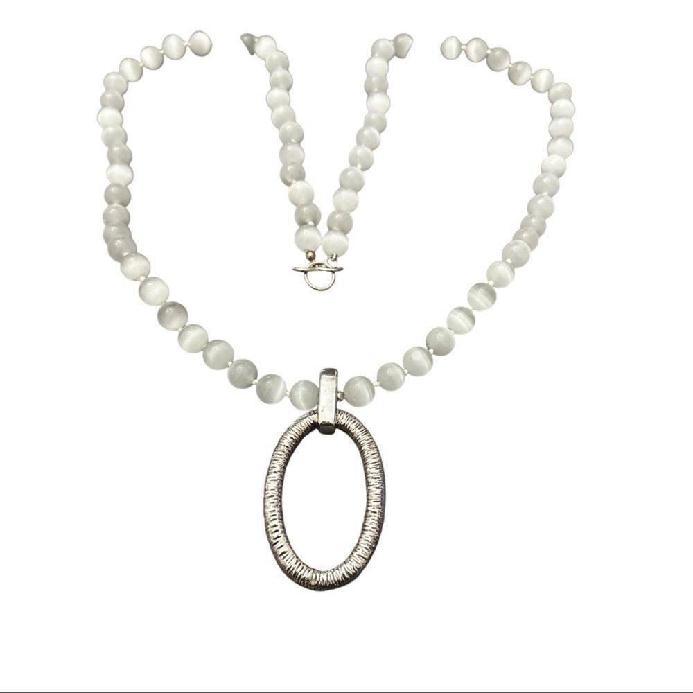 Simon Sebbag  White and Gray Stone Necklace with Hammered Silver 925 Pendant